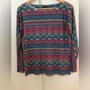 LIKE NEW Nally & Millie Ancient Ways Colorful Pattern Boat Neck Sheer Top Size M